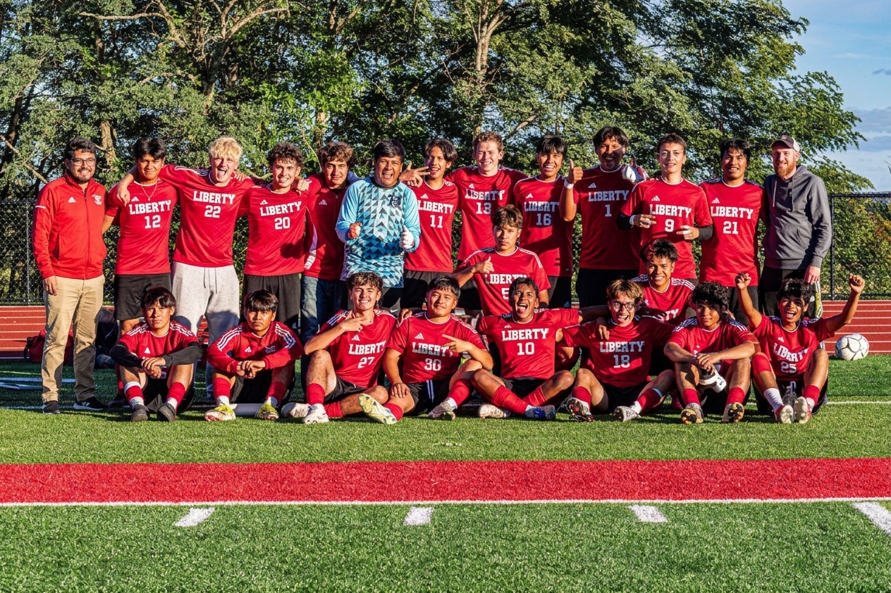 soccer varsity team posing together smiling