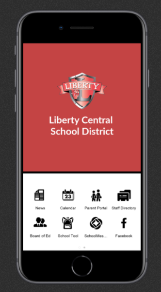 A cell phone open to the Liberty Mobile App home screen, which shows the Liberty Shield and several icons