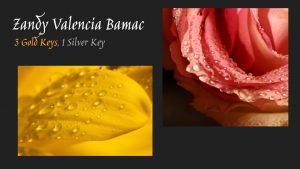 On a black background two closeup depictions of flowers, one yellow at left and one pink at right, with Zandy Valencia Bamac three gold keys, one silver key written in the top left corner