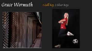 On a black background, a left, light shining through a grate and at right a sideview of a girl with a soccer ball behind her. and Grace Wormuth one gold key three silver keys above.