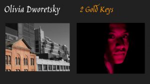 On a black background, a depiction of buildings, one in the foreground in color the other black and white, at left, with a closeup of a person's face bathed in red light, with Oliva Dworetsky two gold keys above