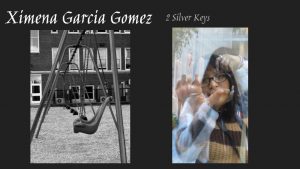 On a black background, at left a black and white depiction of an empty swingset from the size, and at left a double exposure of a person, at right with Ximena Garcia Gomez silver keys written above
