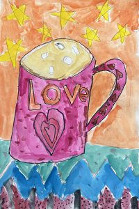 A drawing of a purple mug that reads love
