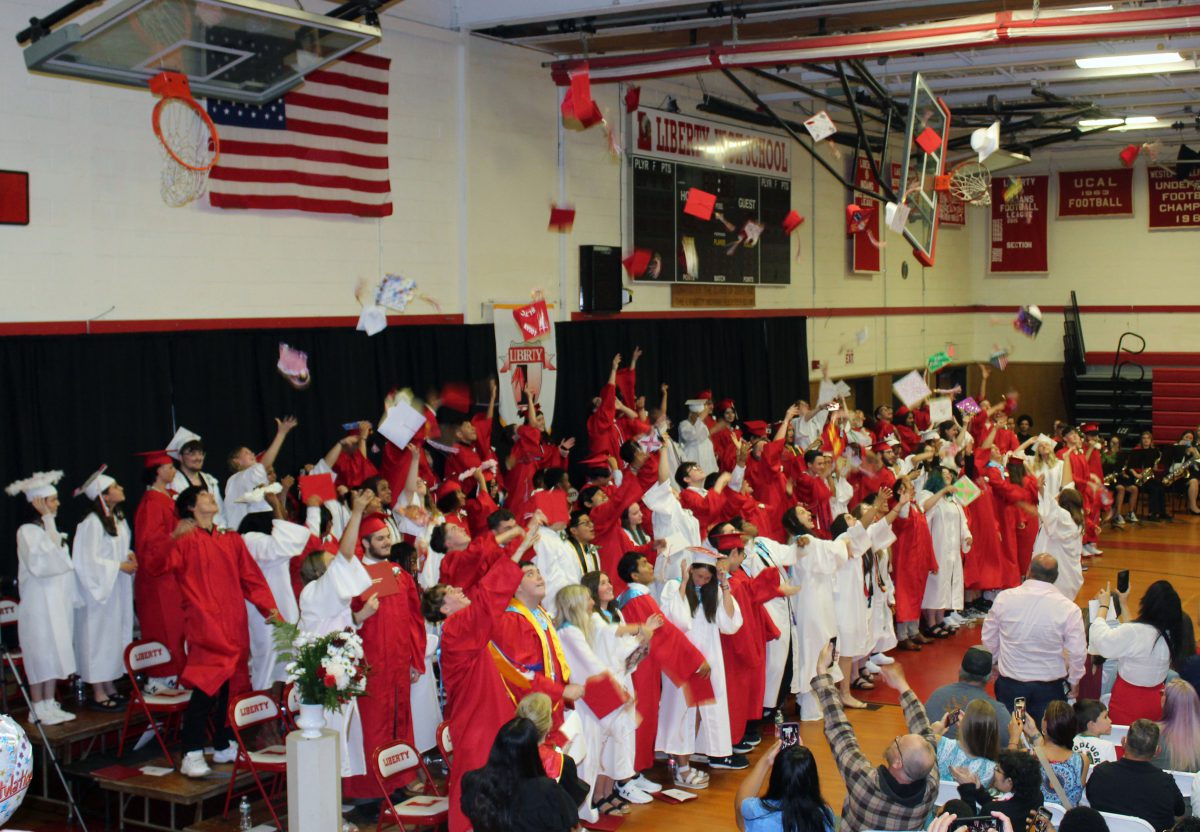 Graduates toss their graduation caps into the air