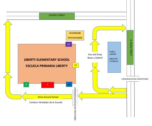 A map in Spanish and English showing how to enter the elementary school and where doors are located.