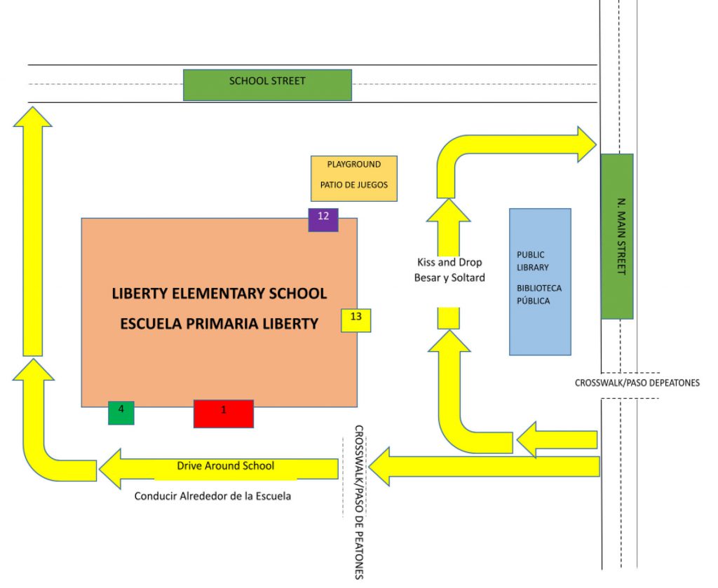 A map in Spanish and English showing how to enter the elementary school and where doors are located for arrival