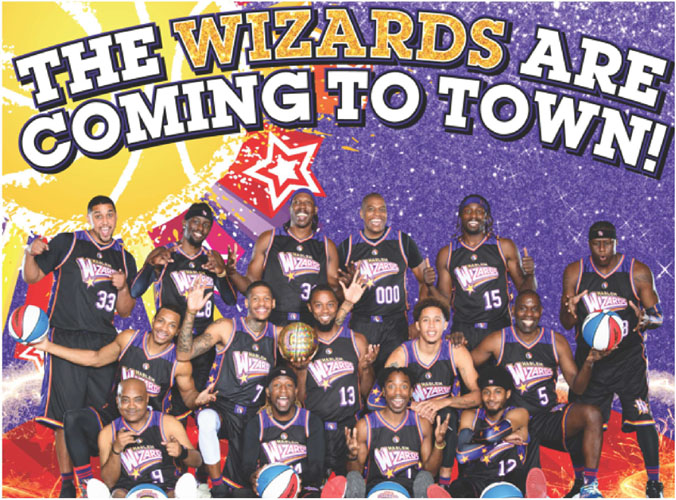 i picture of the Wizards basketball team with The Wizards are coming to Town above it.