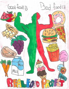 A poster with a person in the middle with the left half in green and muscular and the right half red and scrawny. At top at left is reads "Good Food" and two exclamation points with a happy face and drawings of healthy food below and on the green side of the body. At top at right reads "Bad Food" with two exclamation points with a sad face and unhealthy foods to the right of the red side of the body. At the bottom reads Real Food Project.