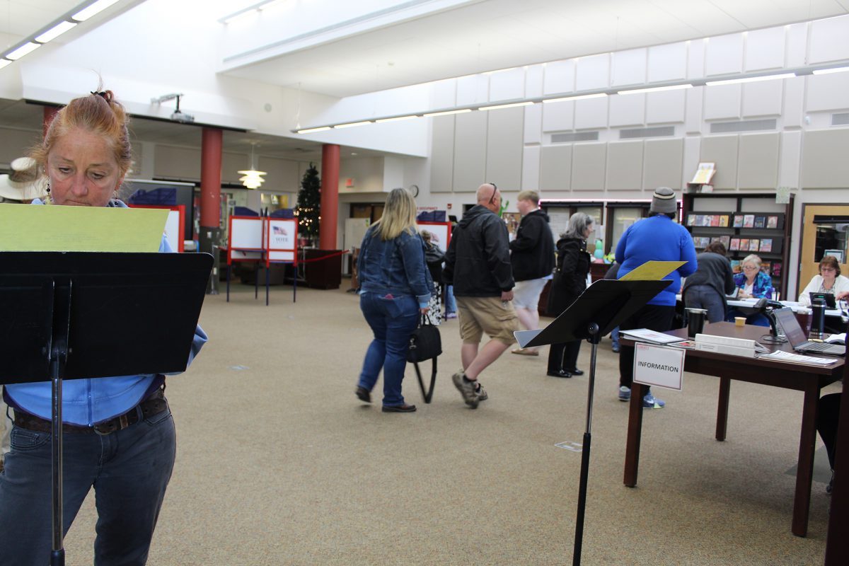 A person looks at a sample ballot as others go to register in the Liberty High School media center.