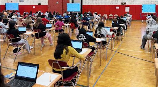Students sit at desks in rows with computers on them.