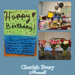 A collage of pictures of gifts, flowers and birthday messages on a blue background with a white frame and the words Cherish Every Moment.