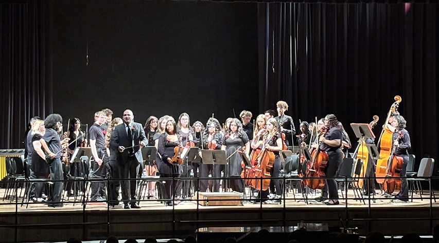 Members of an orchestra stand on stage