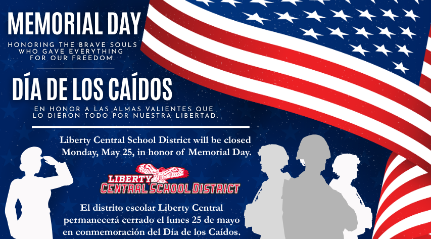 A graphic with an American flag and silhouettes of soldiers making note of Memorial Day and military sacrifice and reminding people of school closure on May 25.