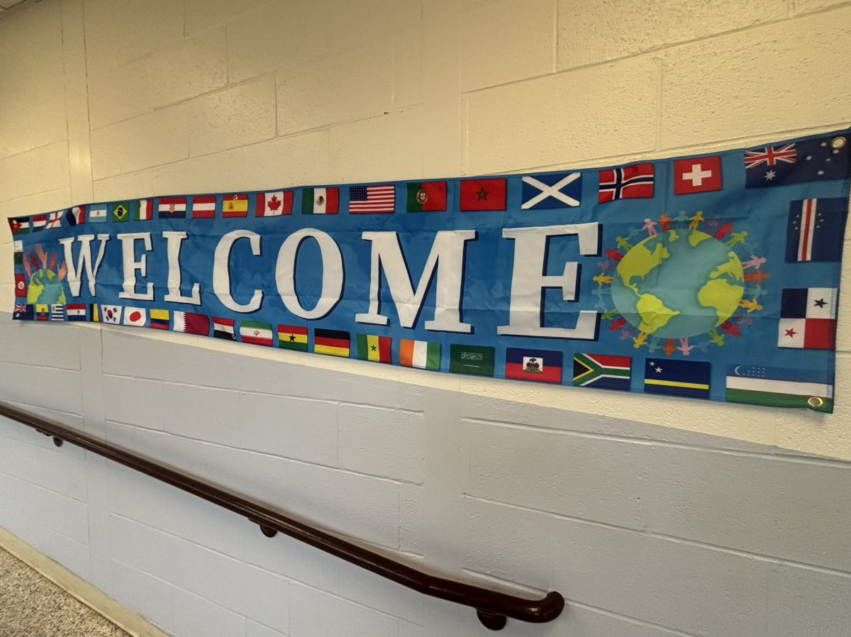A blue banner with the word "WELCOME" in large white letters, surrounded by flags of various countries.