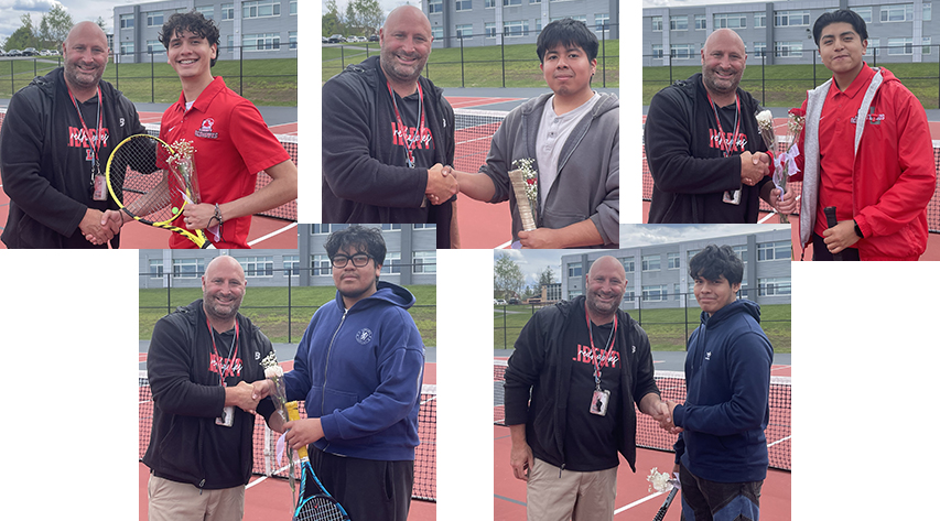 In this combo photo, a coach shakes hands with his tennis players