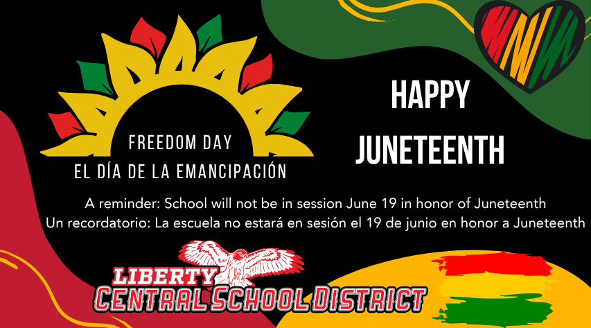 A graphic with yellow red green and black accents reminding of school closure for Junteenth