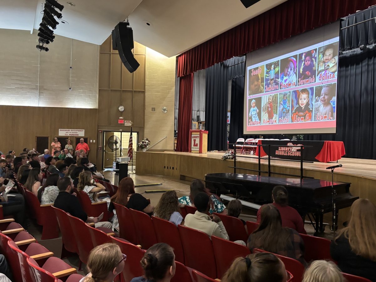 An audience sits in a theater, facing a stage with a large screen displaying photos of babies with names.