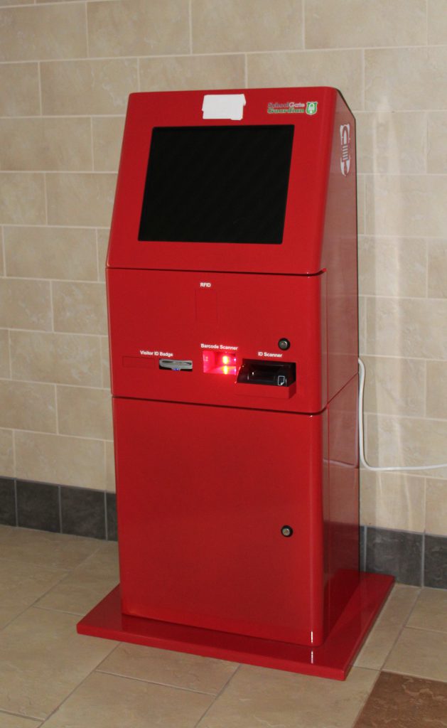 libertys self service kiosk, red metal with a blank screen